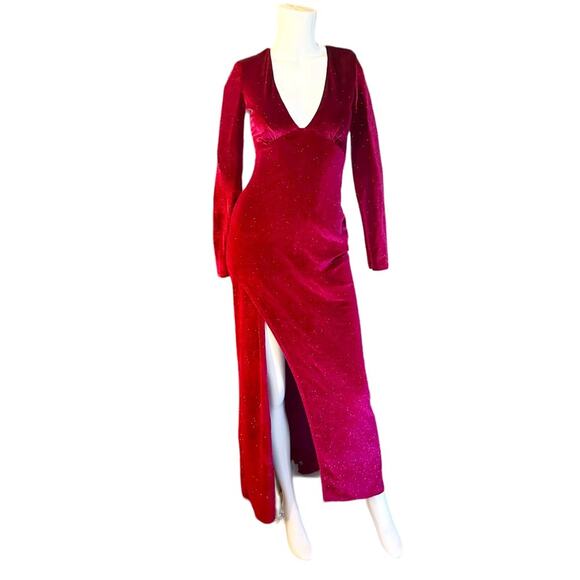 ASOS BERSHKA Velour Velvet Dress Cherry Red Holiday Party Small Shimmer S - Picture 1 of 10